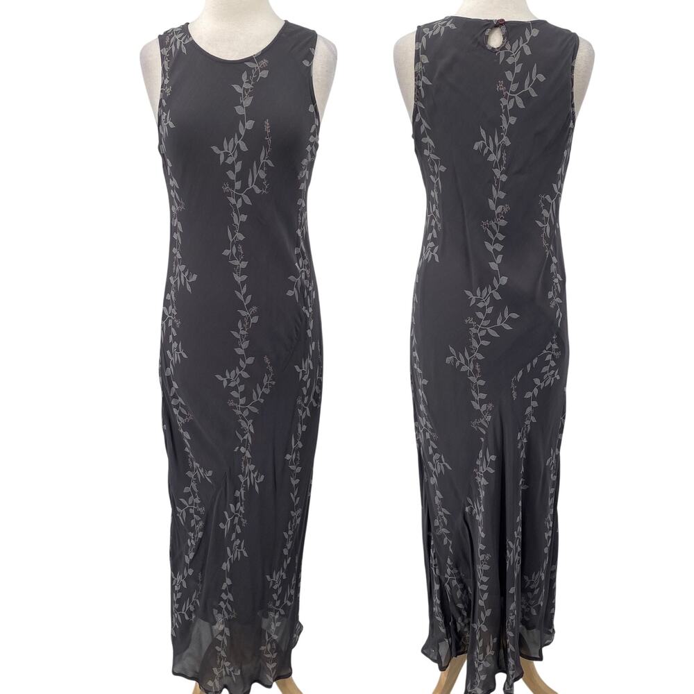 Vintage Y2k Maxi Slip Dress Sleeveless Keyhole Back Floral Vine Pattern Gray M